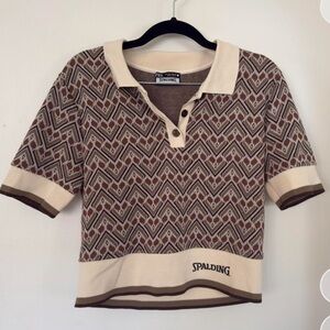 Zara Geometric Collared Crop Top in Brown and Cream